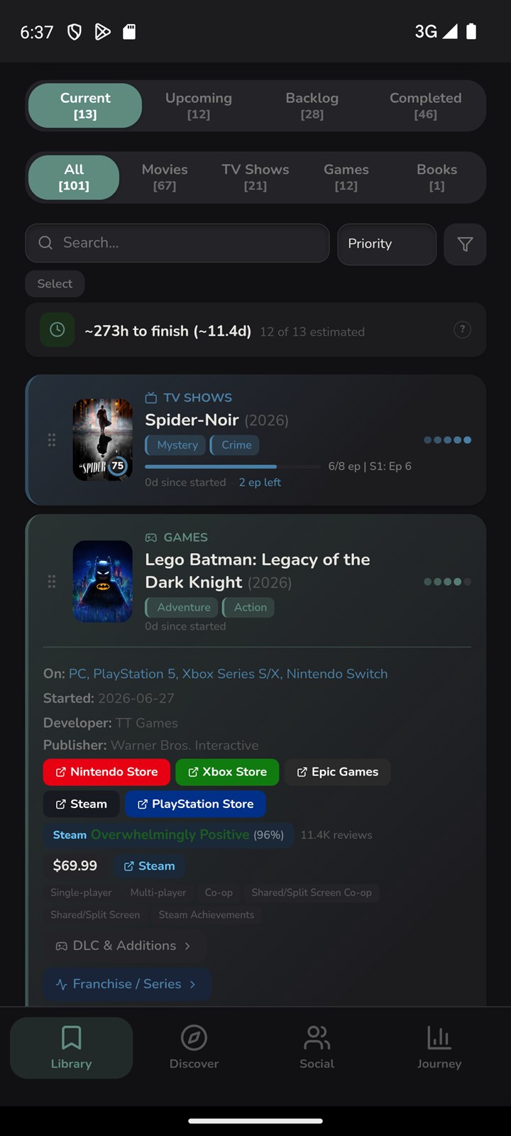 Consu's Library: status and category filters with item counts, search, and a mixed list of movies, shows and games