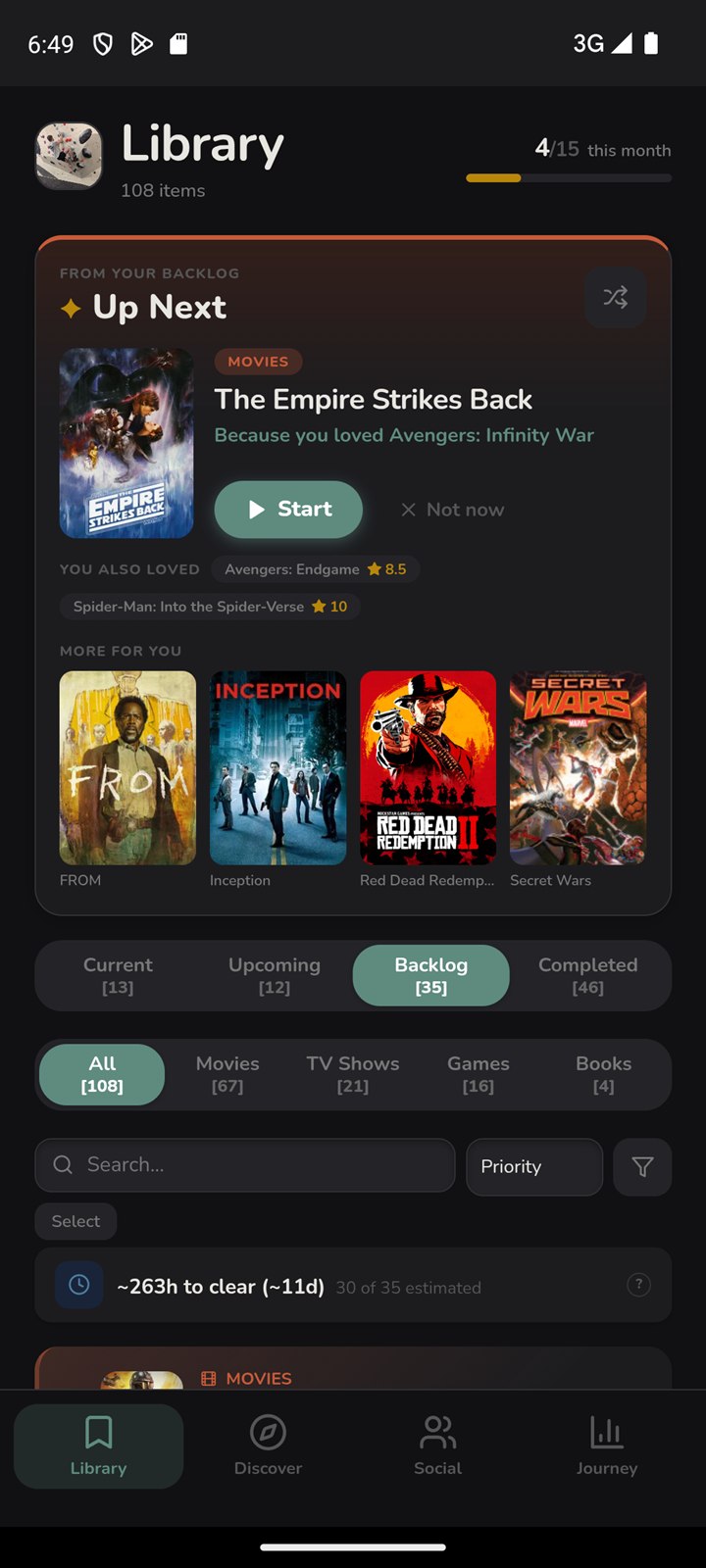 Consu's Library screen with the Up Next card recommending The Empire Strikes Back — 'Because you loved Avengers: Infinity War'