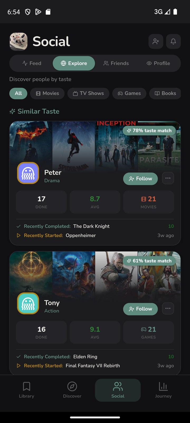 Consu's Explore tab: profile cards with taste match percentages and shared favourite genres