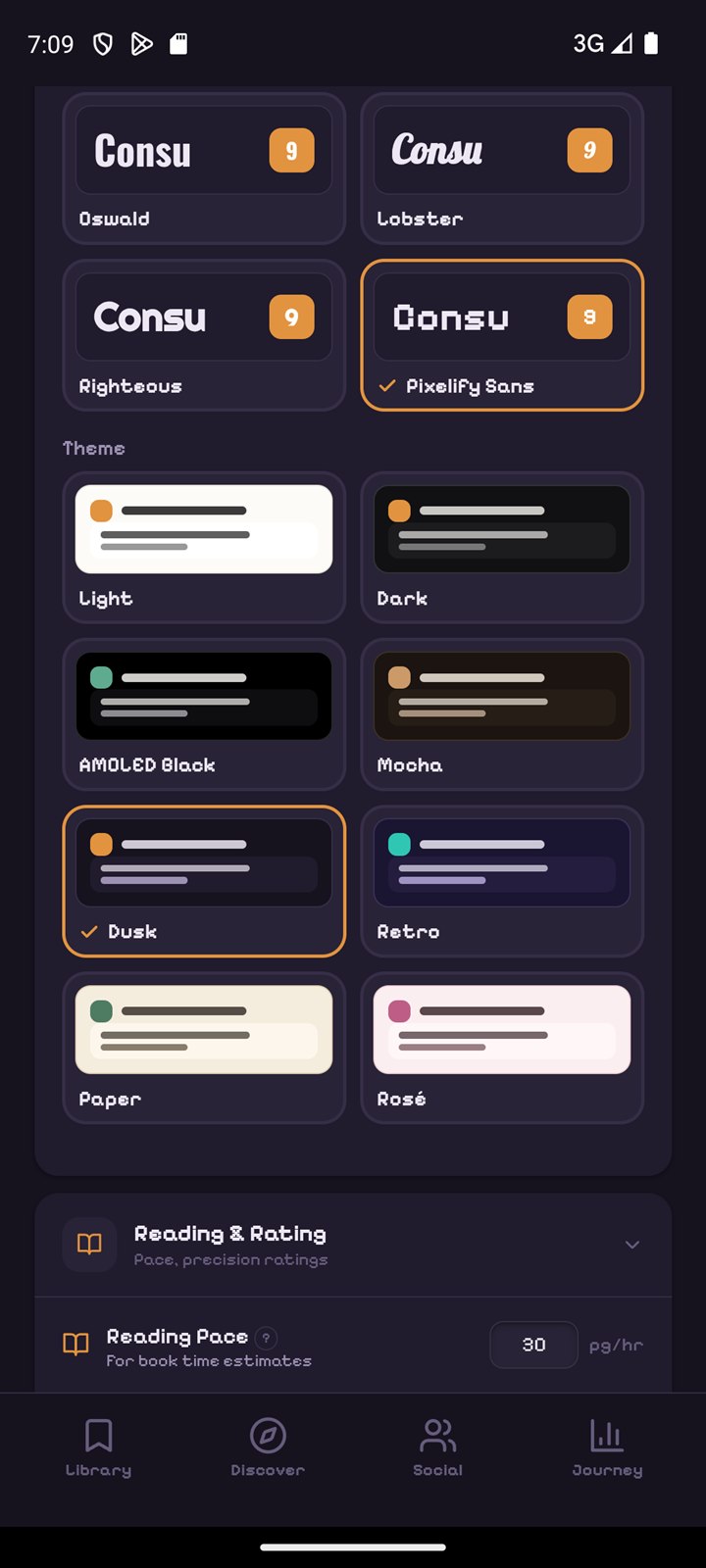 Consu's theme picker showing premium full-palette themes